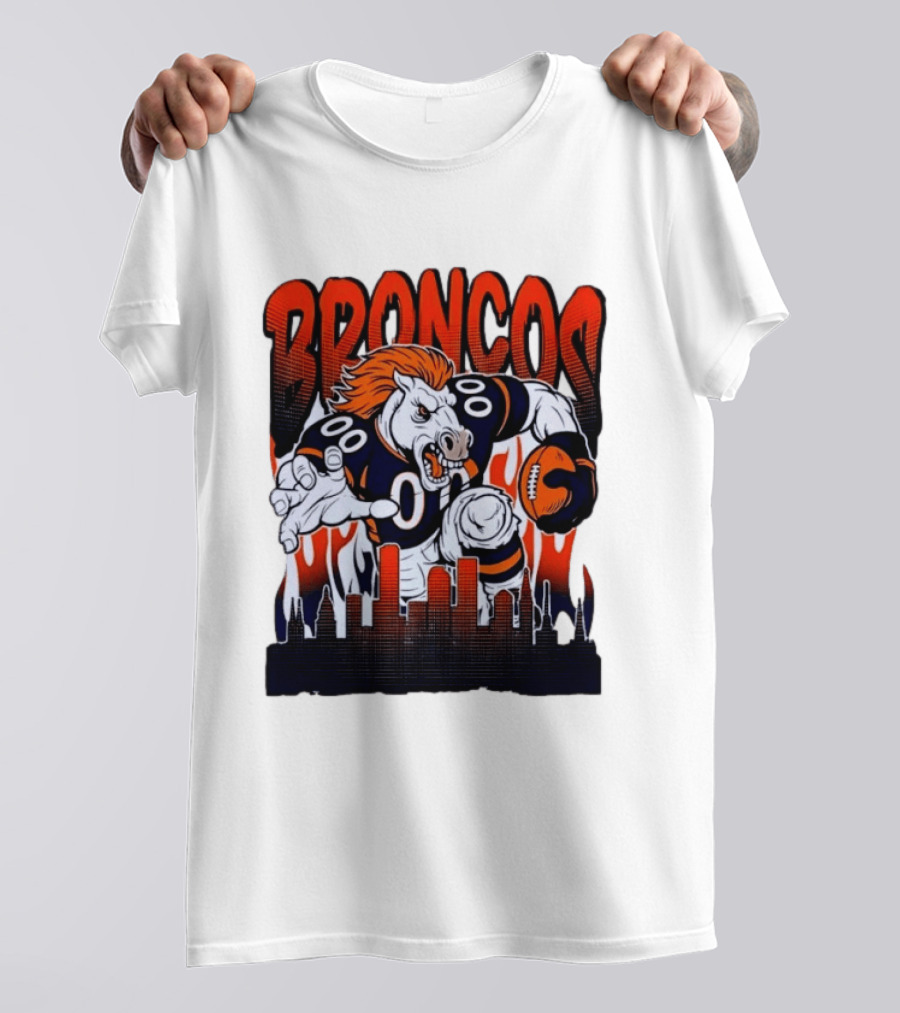 Denver Broncos Football Bronco Running Horse Skyline T-Shirt