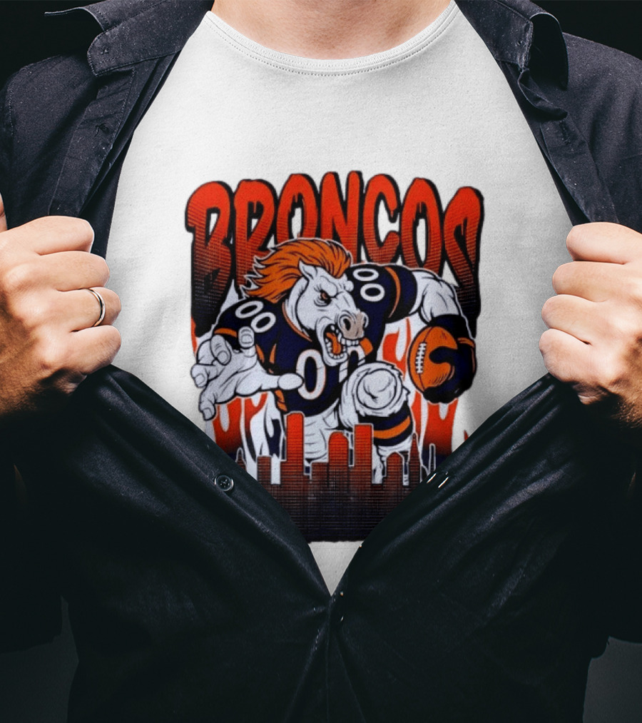 Denver Broncos Football Bronco Running Horse Skyline T-Shirt