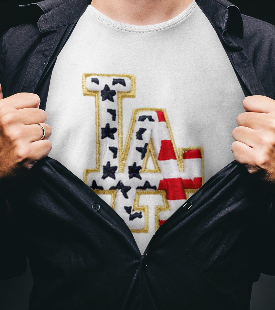 Dodgers LA 250th Anniversary Stars And Stripes Gold Trim Patch T-Shirt