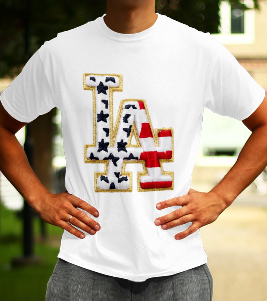 Dodgers LA 250th Anniversary Stars And Stripes Gold Trim Patch T-Shirt