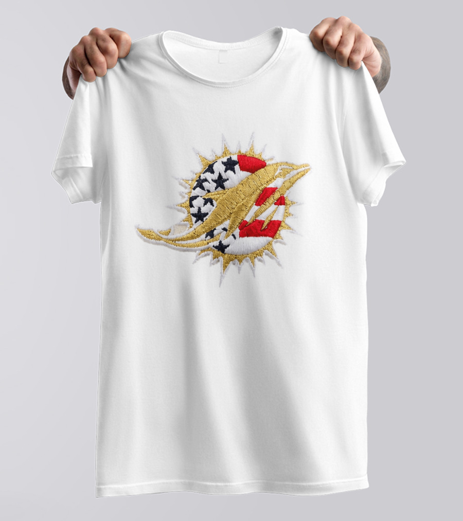 Sure, Here's The Revised Title: "Miami Dolphins USA Flag Patch America 250 Stars Stripes T-Shirt