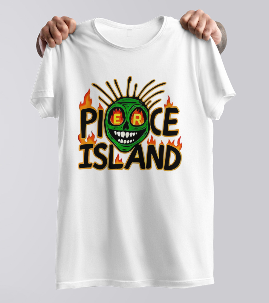 Pierce Island Green Skull Flames Spooky Island T-Shirt