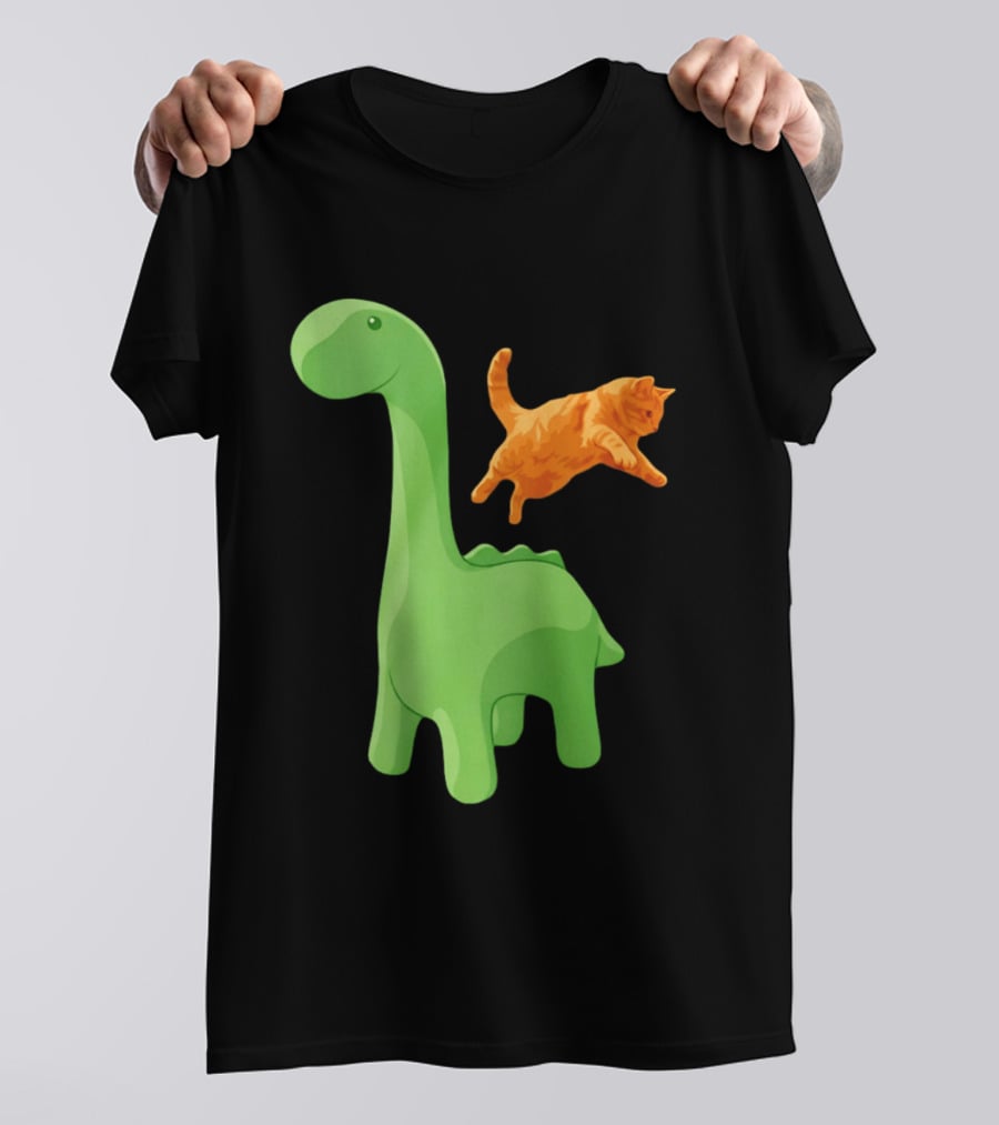 Cat Jumping Over Green Dinosaur Cartoon Image T-Shirt