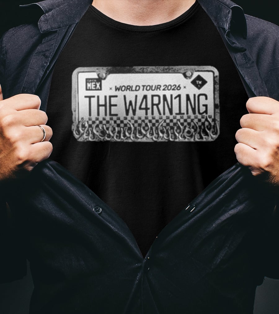 The W4RN1NG World Tour 2026 License Plate Checkered Flames T-Shirt