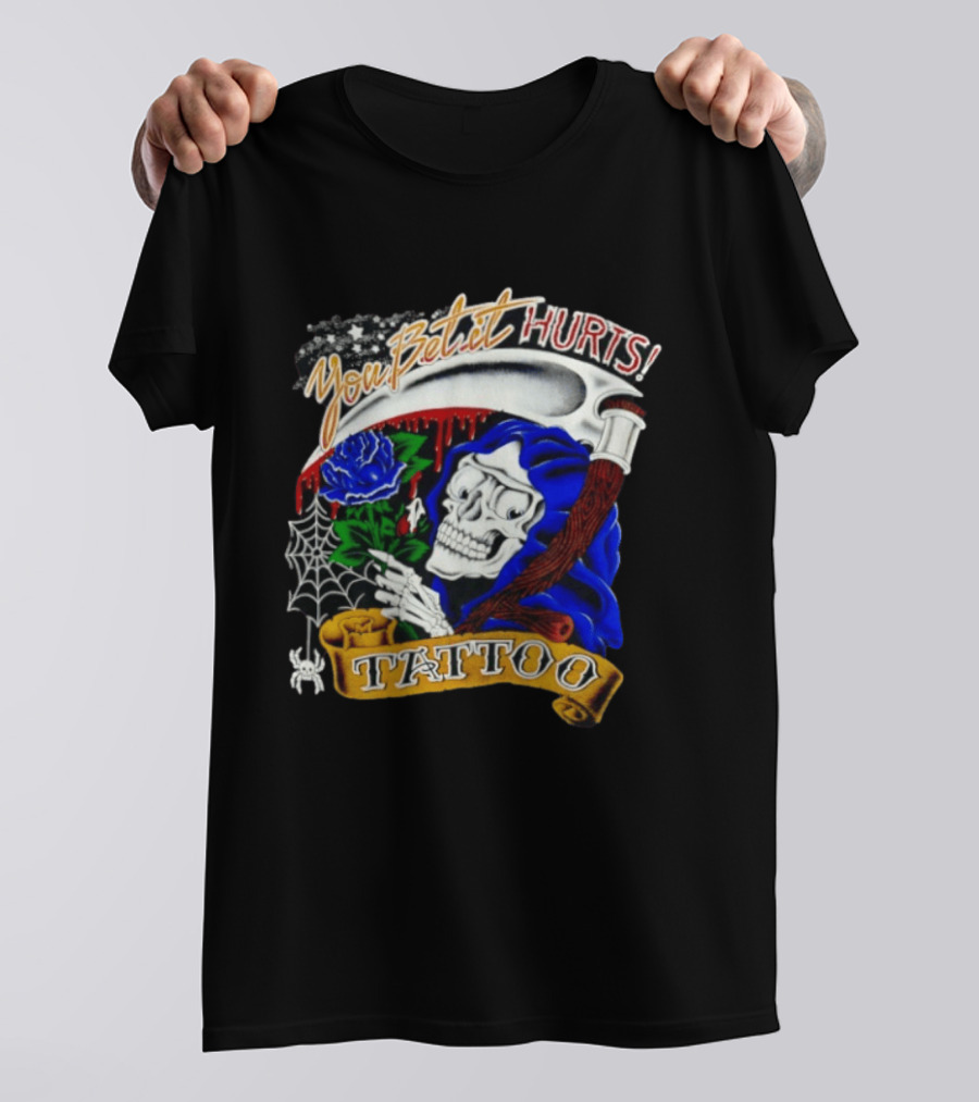 You Bet It Hurts Skeleton Rose Tattoo Spider Web T-Shirt