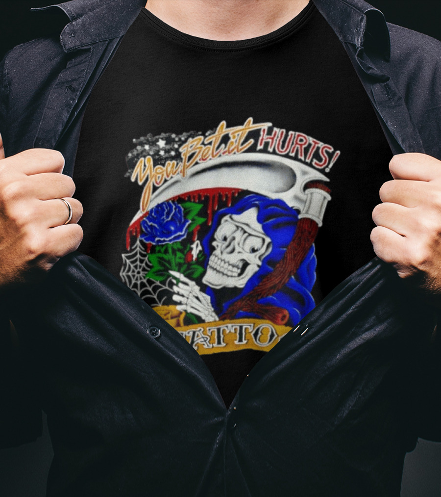 You Bet It Hurts Skeleton Rose Tattoo Spider Web T-Shirt
