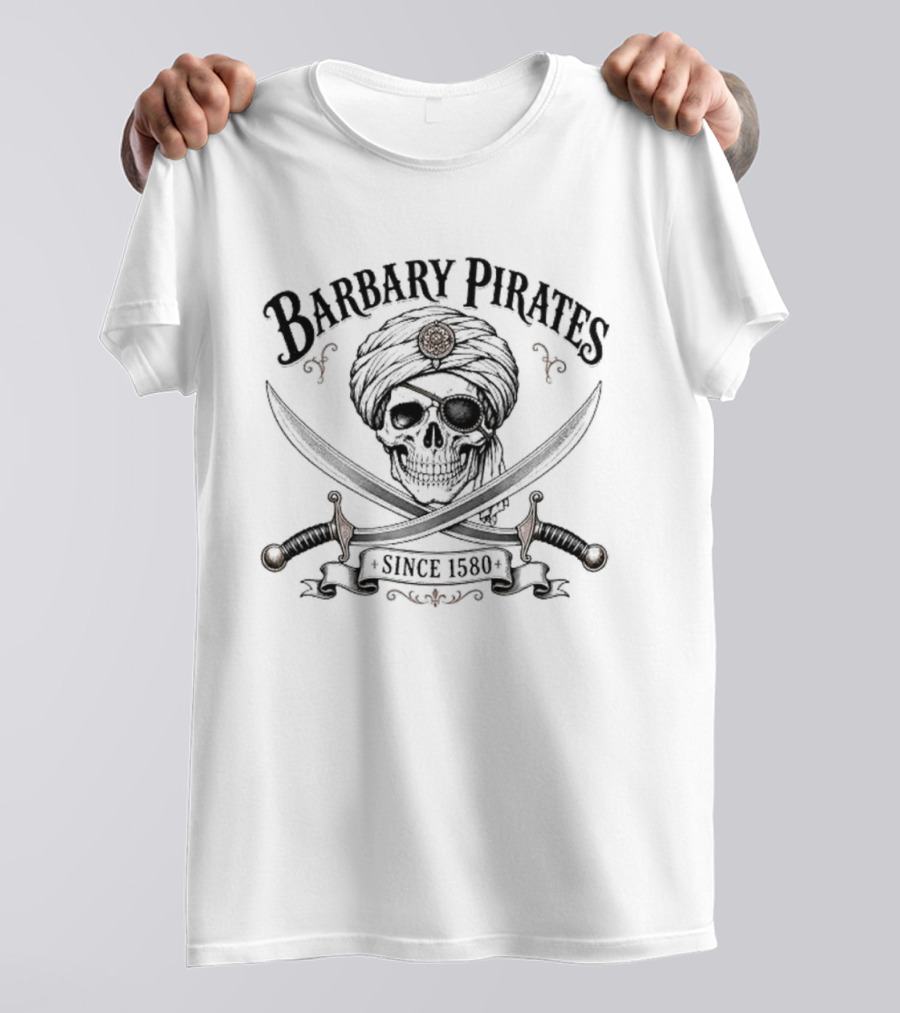 Barbary Pirates Since 1580 Skull Turban Cross Swords T-Shirt
