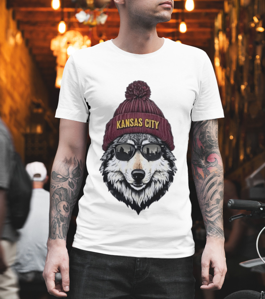 Kansas City Wolf Beanie Sunglasses Cityscape T-Shirt