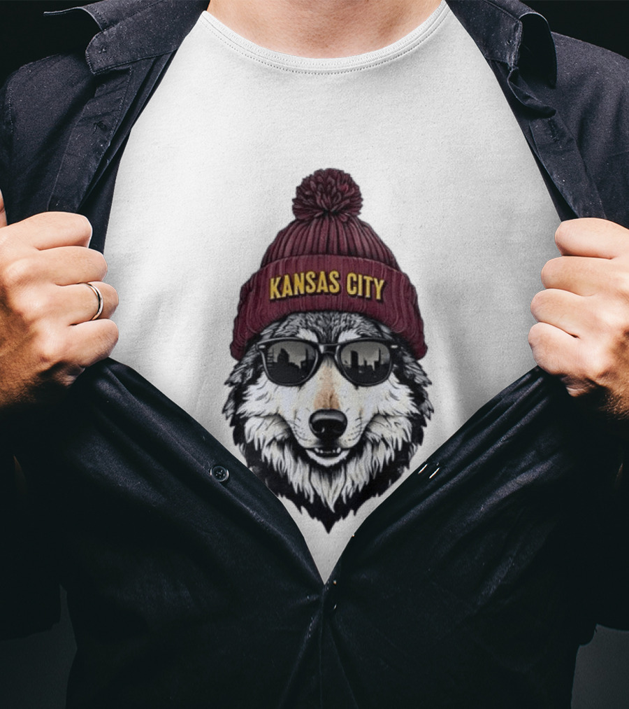 Kansas City Wolf Beanie Sunglasses Cityscape T-Shirt