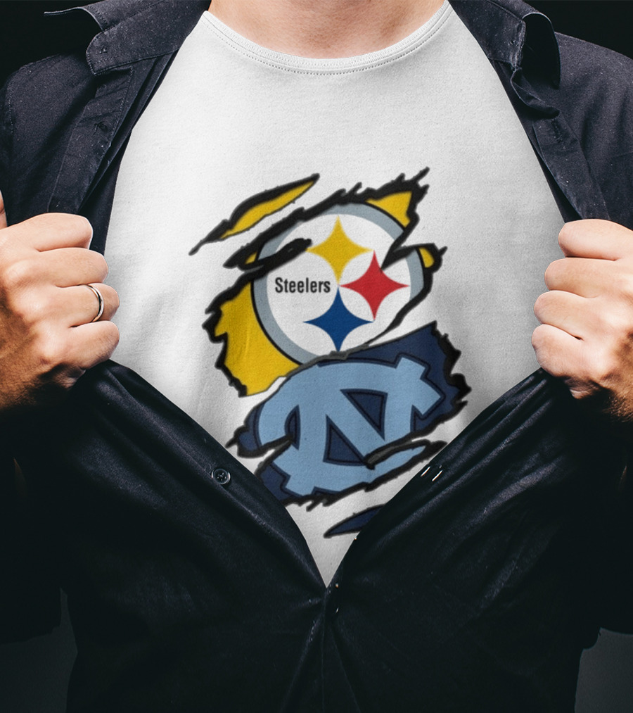 Pittsburgh Steelers UNC Tar Heels Ripped Metal Effect Logo Fusion T-Shirt
