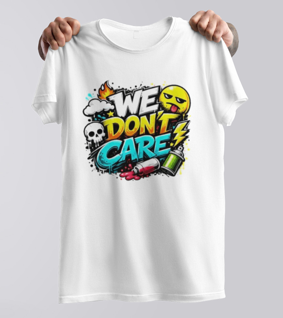 We Don't Care Graffiti Emojis Fire Cloud Lightning Skull T-Shirt