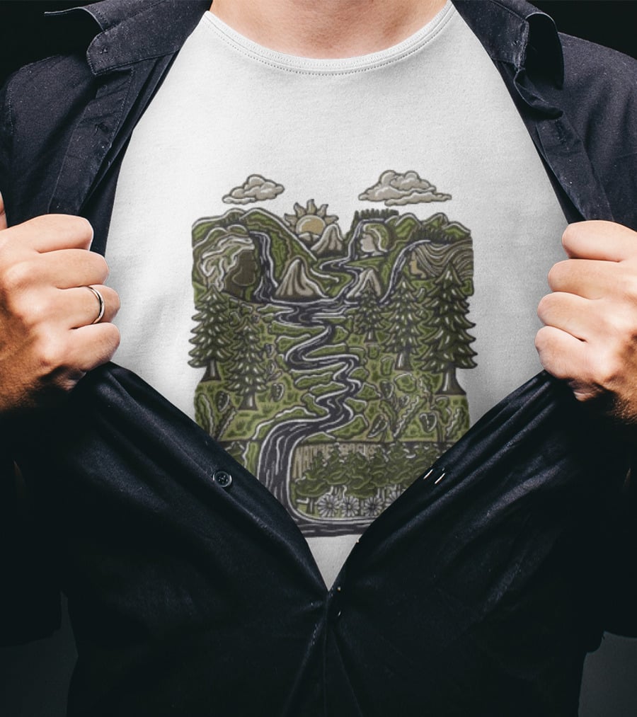 Nature Backs Forest Scene With River Trees Mountains Sun And Clouds T-Shirt