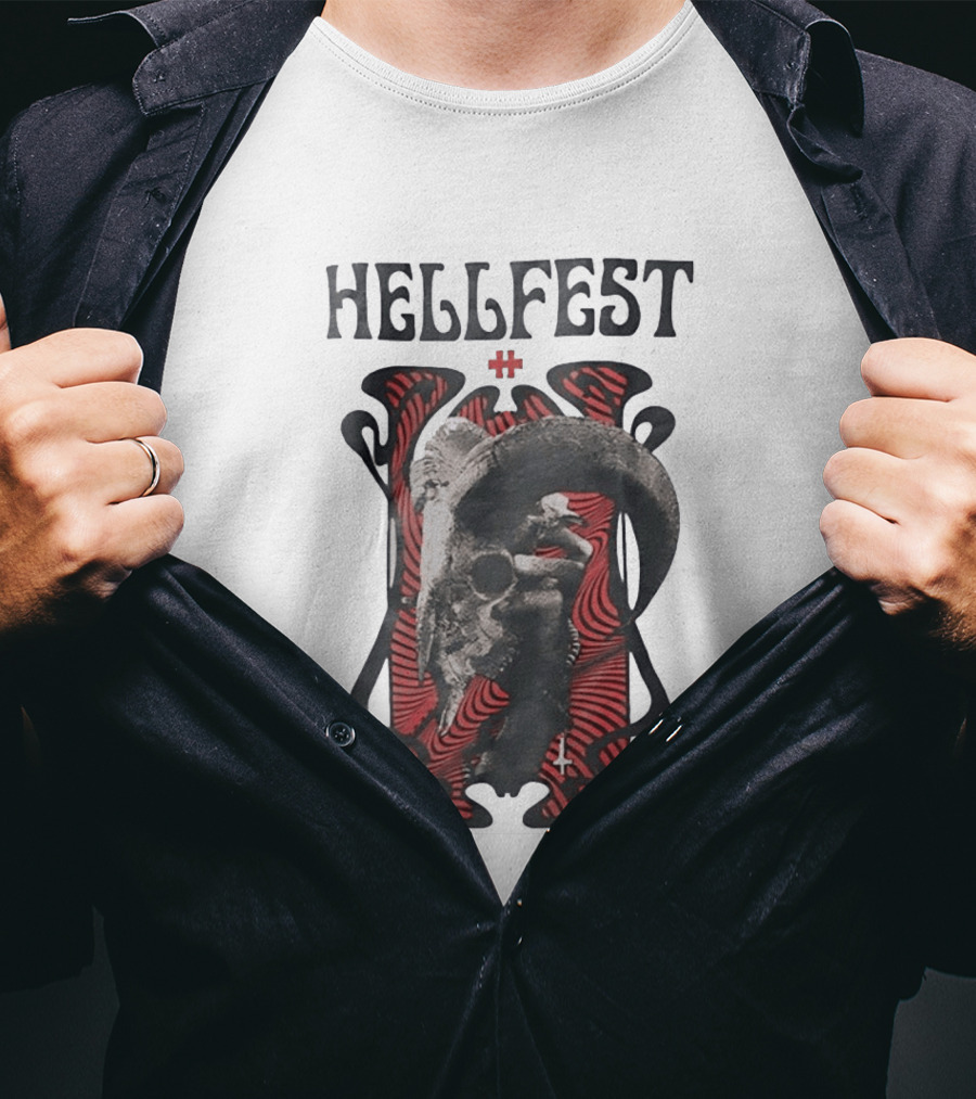 Hellfest Goat Skull Cross Inverted Crux Occult Heavy Metal Festival T-Shirt