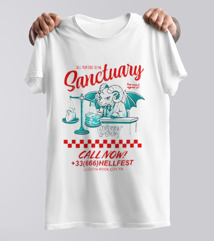Hellfest Sanctuary Sell Your Soul Gargoyle Call Now 33 666 T-Shirt