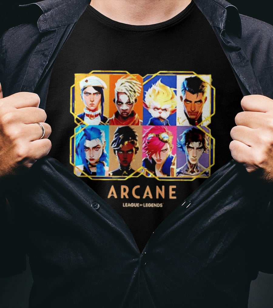 Arcane League Of Legends Jinx Vi Piltover Zaun Hextech Characters Gold Frame 2026 T-Shirt
