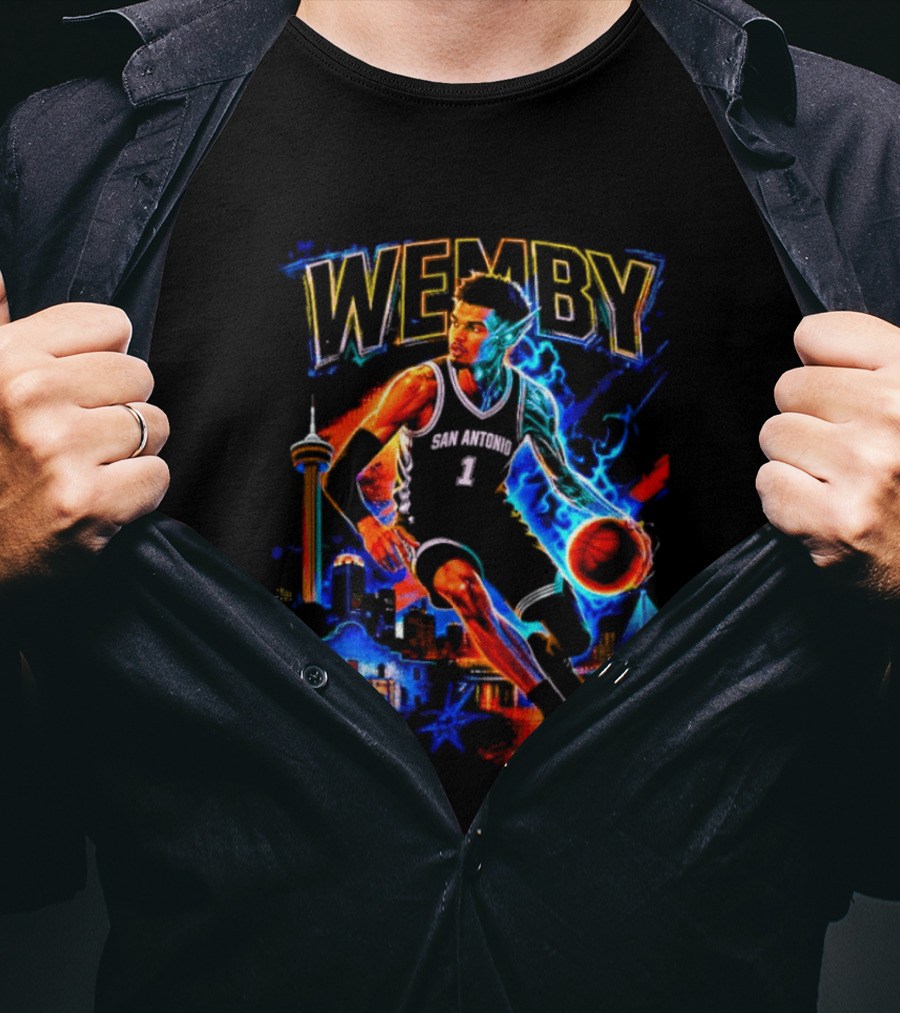 Wemby San Antonio Spurs Basketball Player Half Alien City Skyline T-Shirt