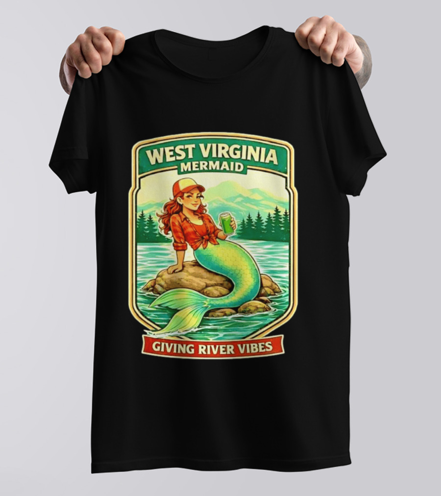 West Virginia Mermaid Giving River Vibes Green Tail Red Hat T-Shirt
