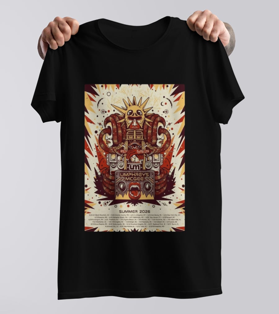 Umphrey's McGee Summer 2026 Tour Dates With Unique Symbolic Artwork And Sun Motif T-Shirt