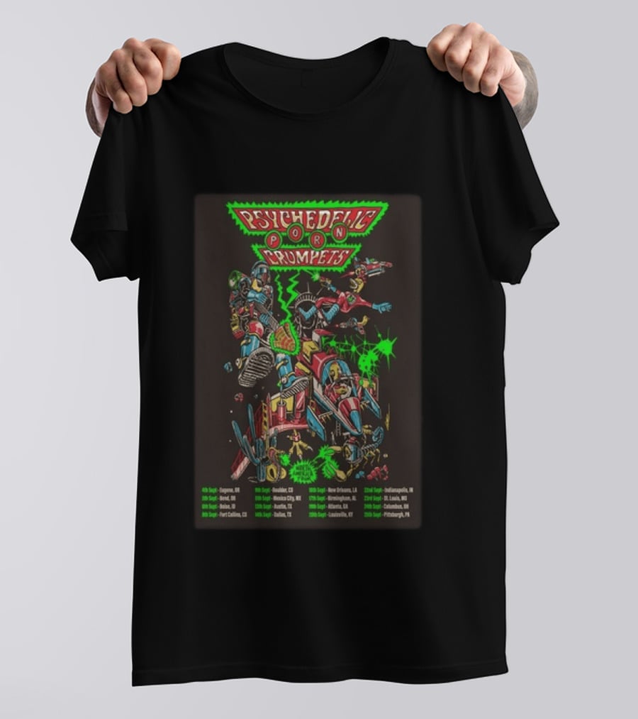 Psychedelic Porn Crumpets 2026 North America Tour With Neon Robot Graphics And Tour Dates T-Shirt