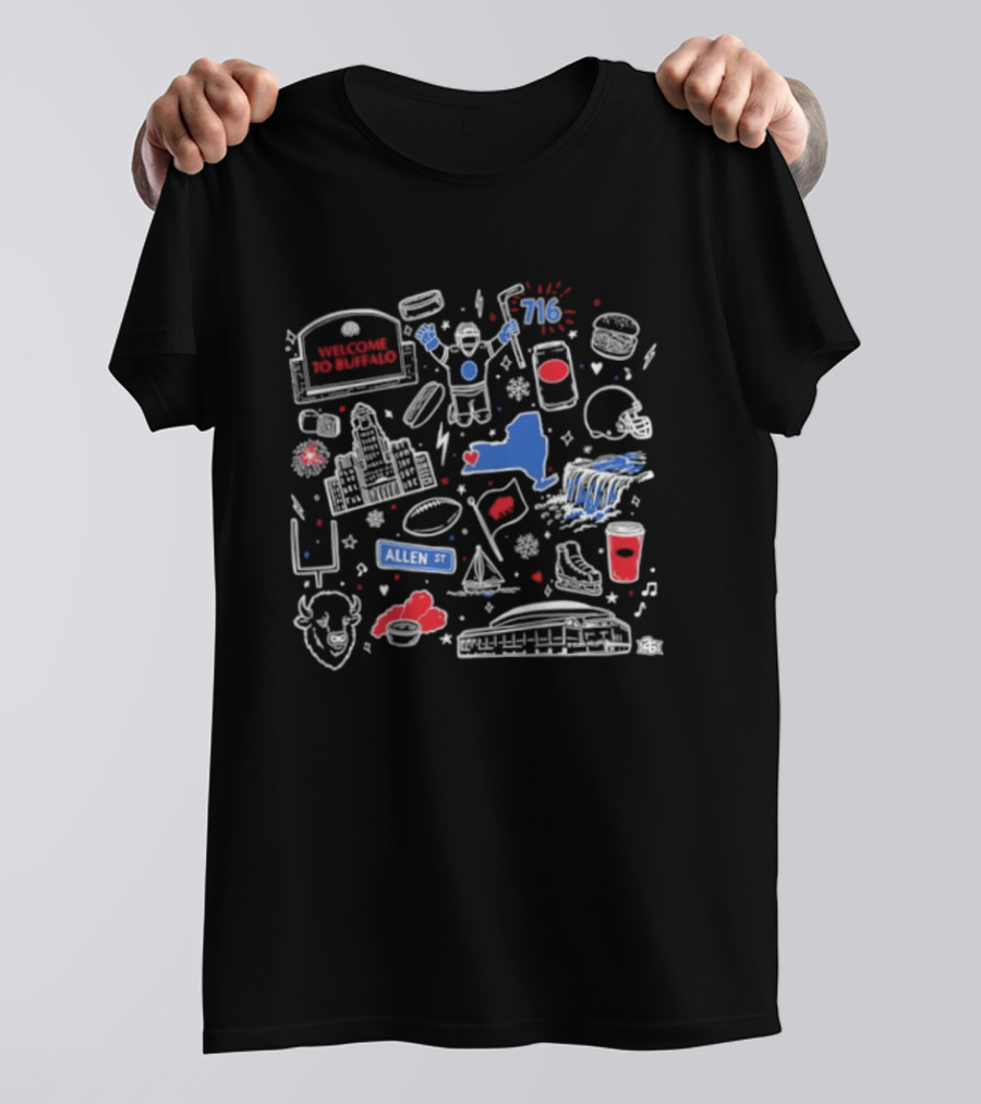 Welcome To Buffalo Doodles Allen St 716 Buffalo Wings Football Beer Pizza T-Shirt