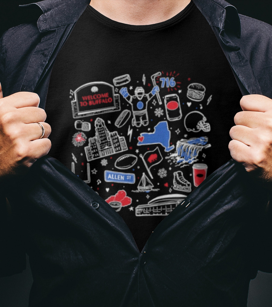 Welcome To Buffalo Doodles Allen St 716 Buffalo Wings Football Beer Pizza T-Shirt