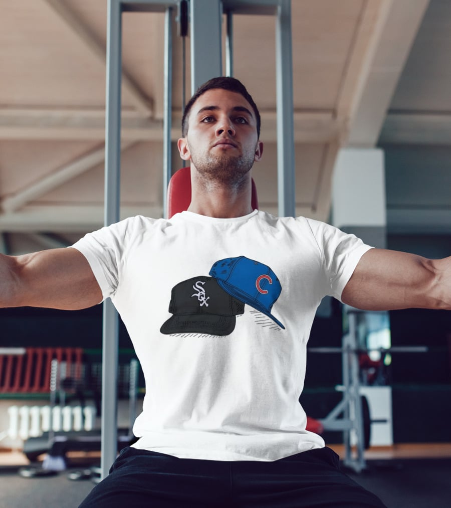 Chicago White Sox Black Hat And Chicago Cubs Blue Cap Baseball Fan Collection T-Shirt