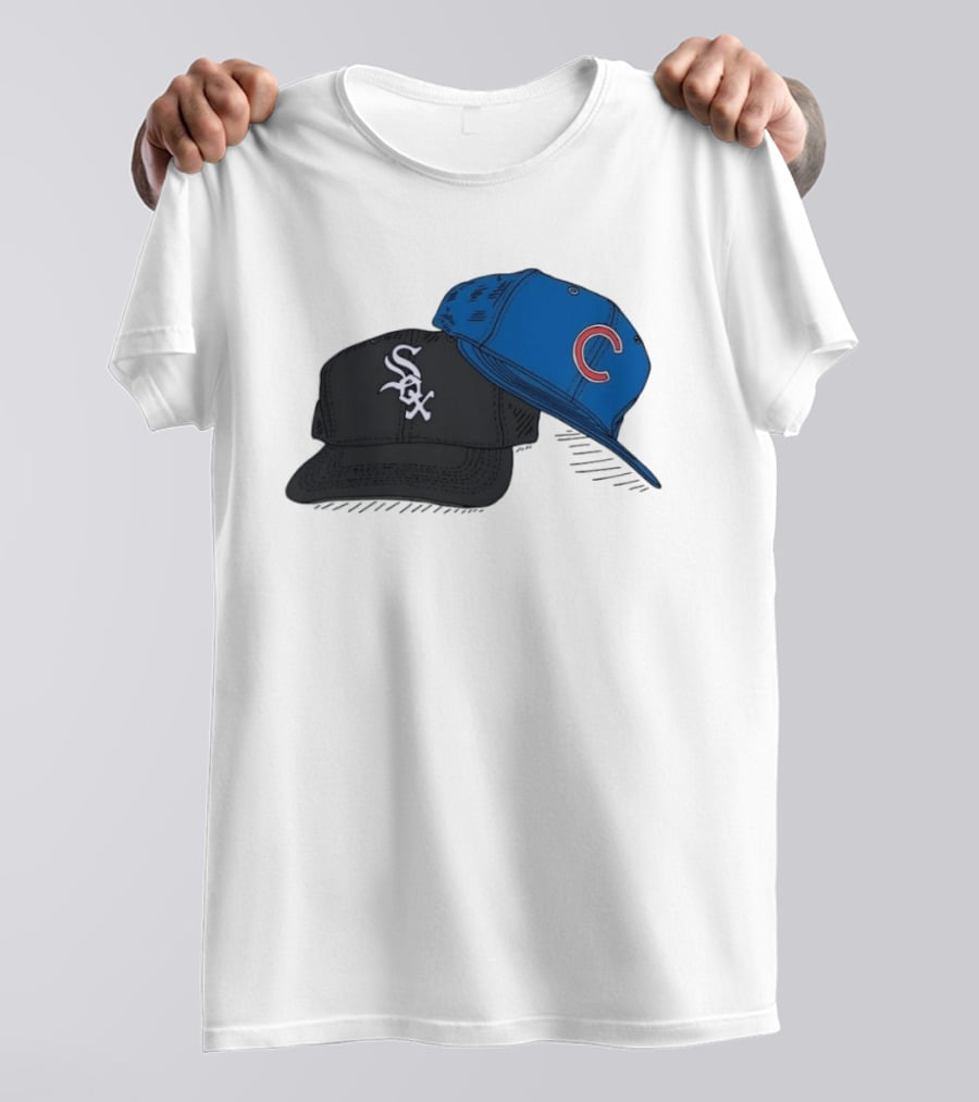 Chicago White Sox Black Hat And Chicago Cubs Blue Cap Baseball Fan Collection T-Shirt