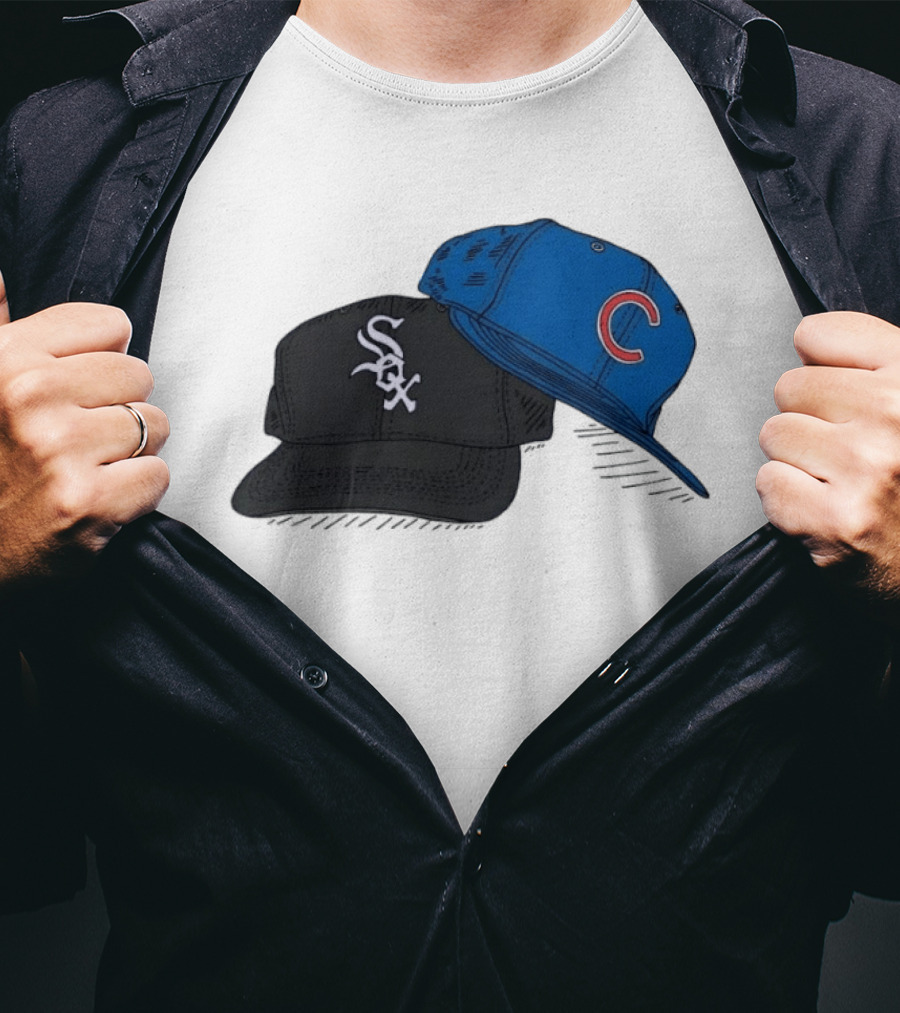 Chicago White Sox Black Hat And Chicago Cubs Blue Cap Baseball Fan Collection T-Shirt