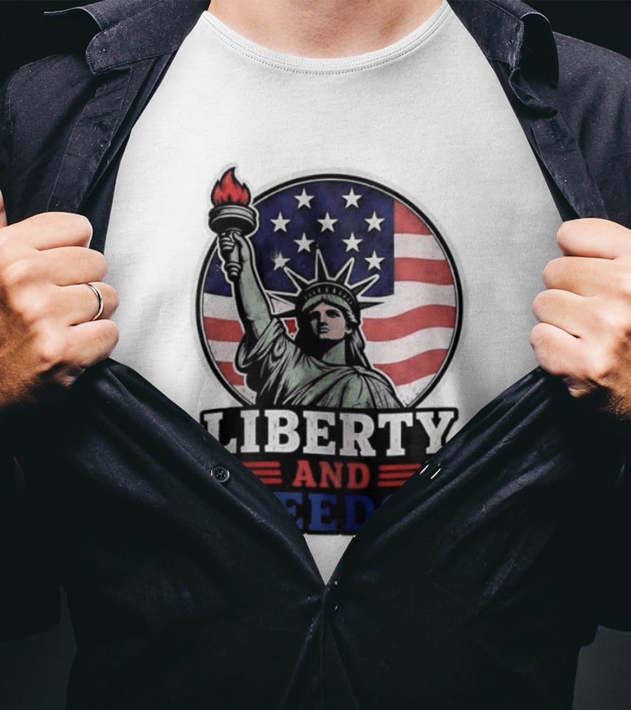 Liberty And Freedom Statue Of Liberty USA Flag Stars T-Shirt