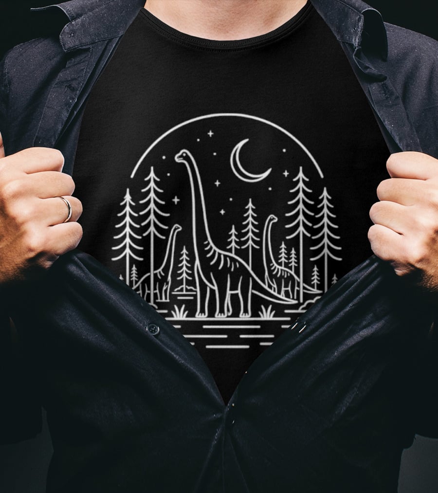 Brontosaurus Dinosaurs Forest Night Line Celestial Scene T-Shirt