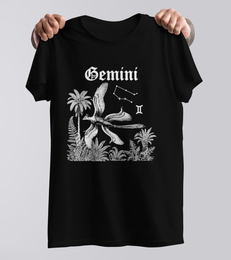 Gemini Feathered Dinosaur Constellation Tropical Scene T-Shirt