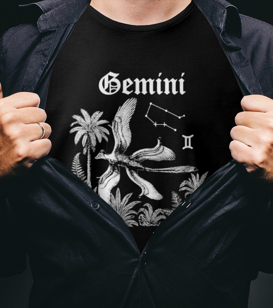 Gemini Feathered Dinosaur Constellation Tropical Scene T-Shirt