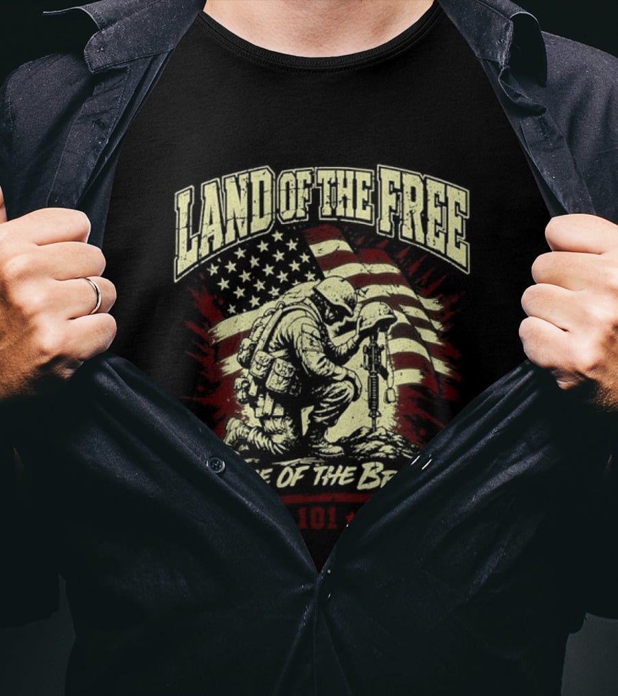 Land Of The Free Home Of The Brave Soldier 101 Patriotic American Flag T-Shirt