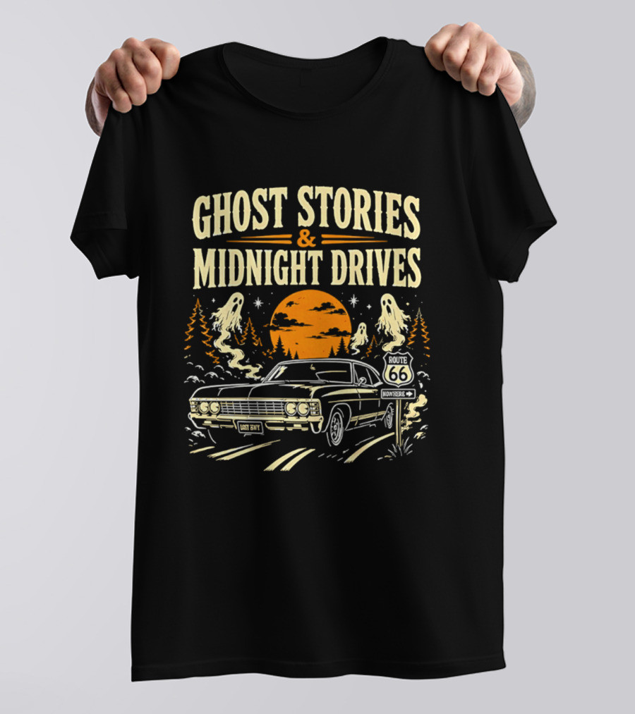 Ghost Stories Midnight Drives Route 66 Vintage Car Halloween Scene T-Shirt