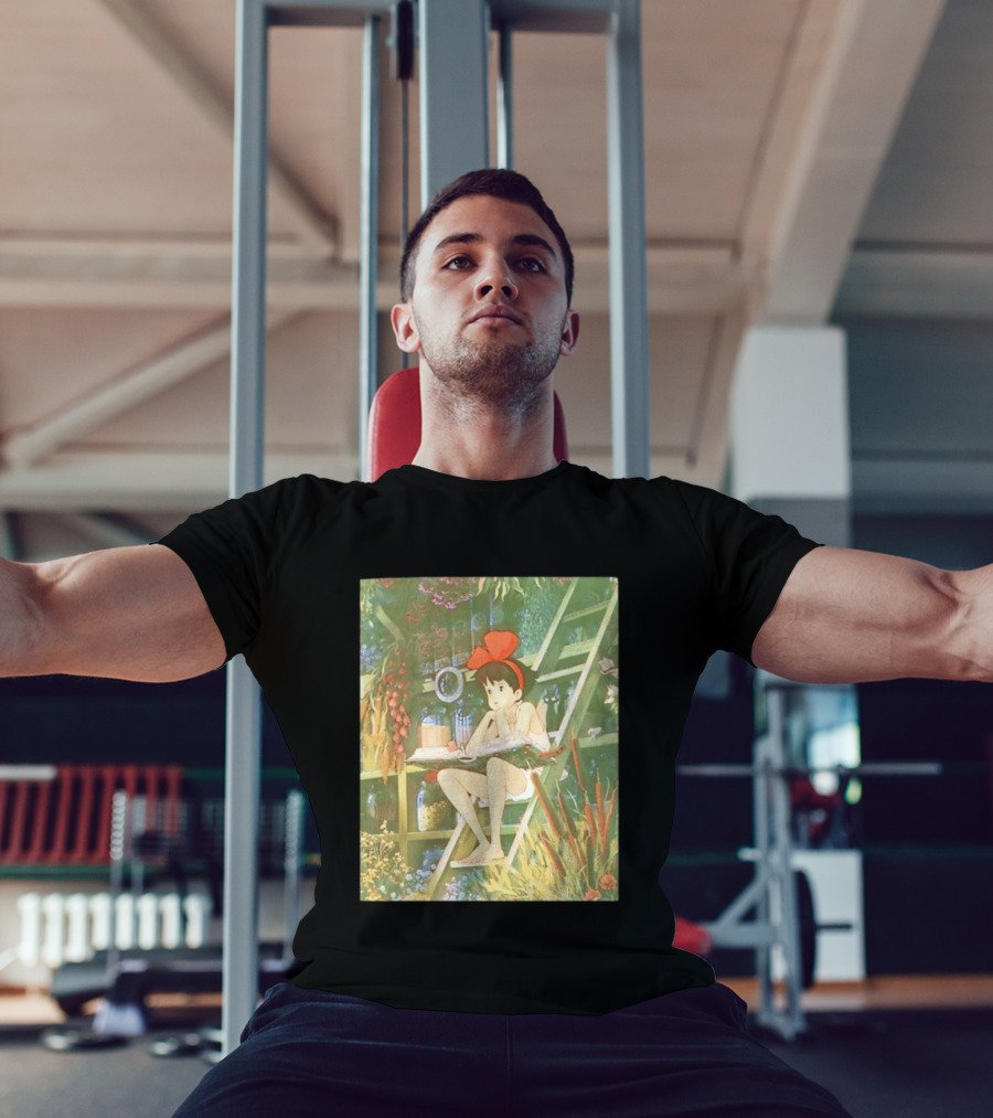 Kiki's Delivery Service Magic Book Cat And Botanical Greenhouse Scene T-Shirt