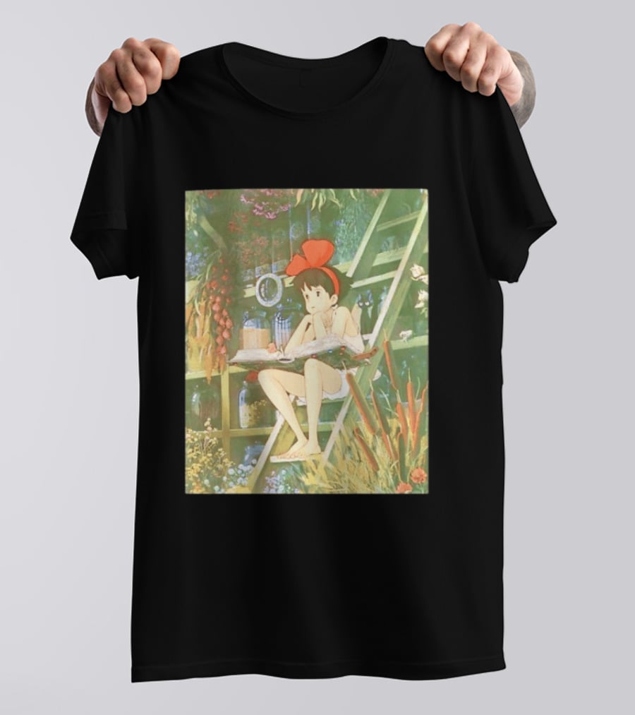 Kiki's Delivery Service Magic Book Cat And Botanical Greenhouse Scene T-Shirt