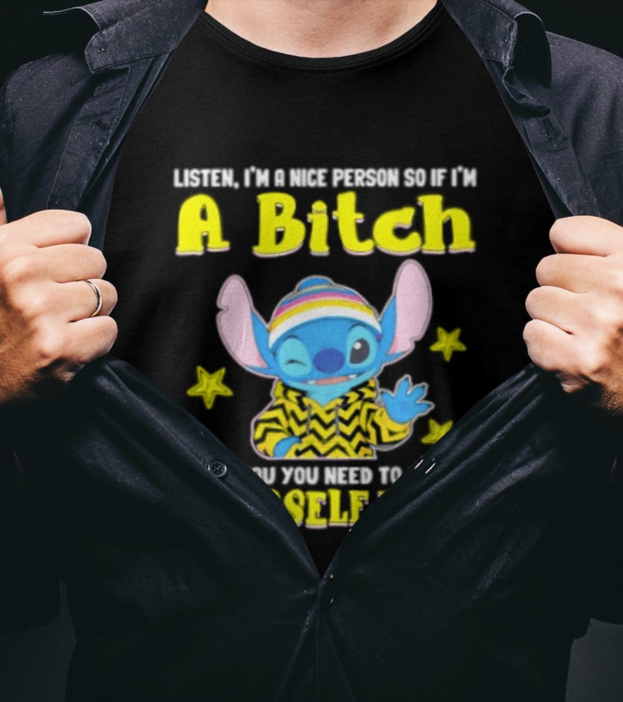 Listen I'm A Nice Person So If I'm A Bitch To You Ask Yourself Why Stitch Winking Rainbow T-Shirt