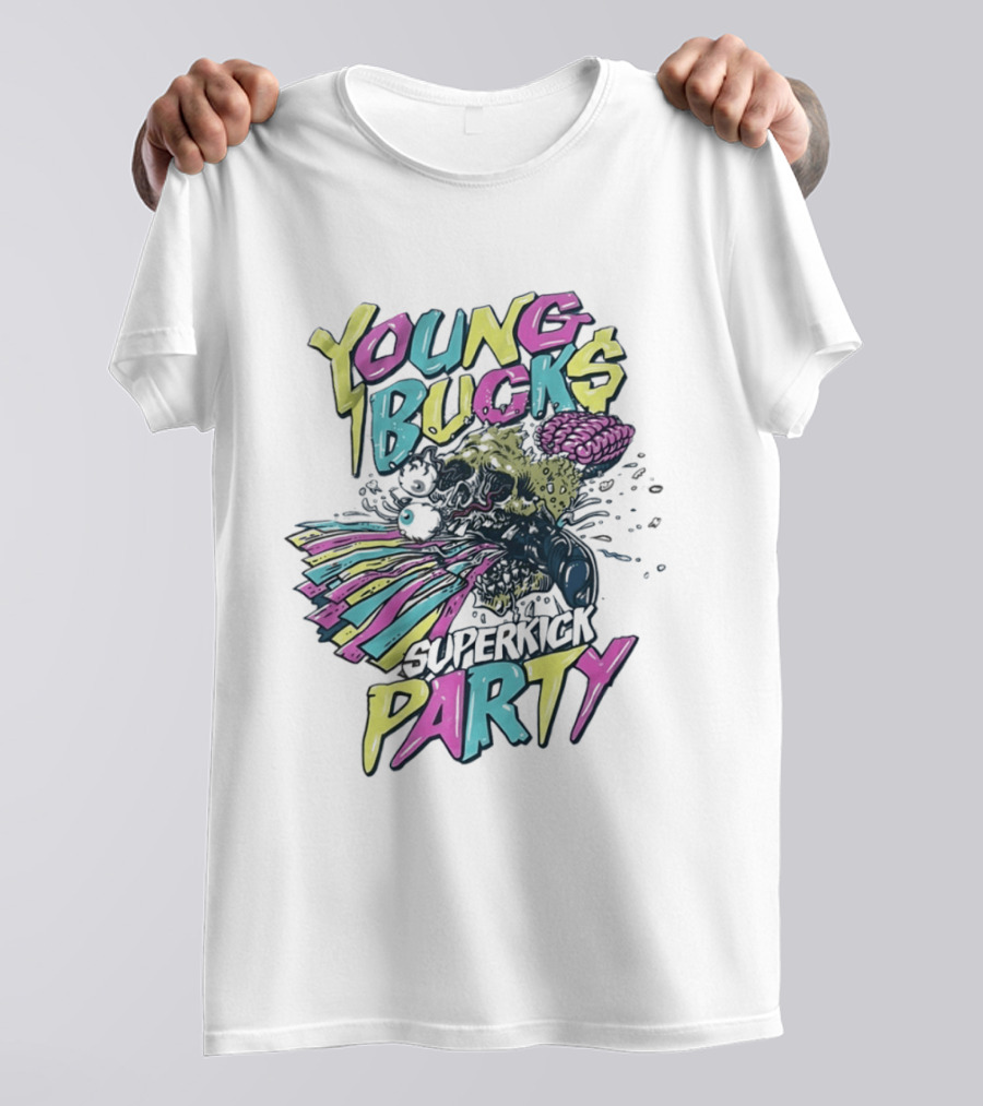 Young Bucks Superkick Party Skull Brain Eyeballs Colorful Explosion T-Shirt
