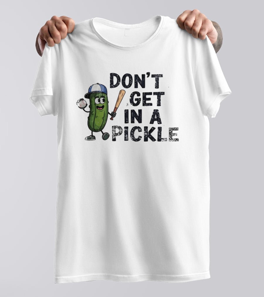 Don't Get In A Pickle Baseball Pun With Pickle Character Holding Bat And Ball T-Shirt