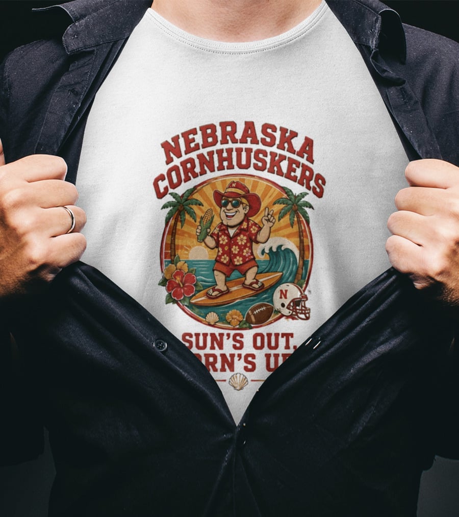 Nebraska Cornhuskers Sun's Out Corn's Up Tropical Surfing Football Fun T-Shirt
