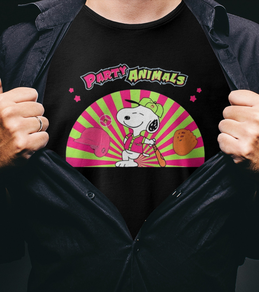 Snoopy Party Animals Baseball Glove Bat Cap Neon Stars T-Shirt