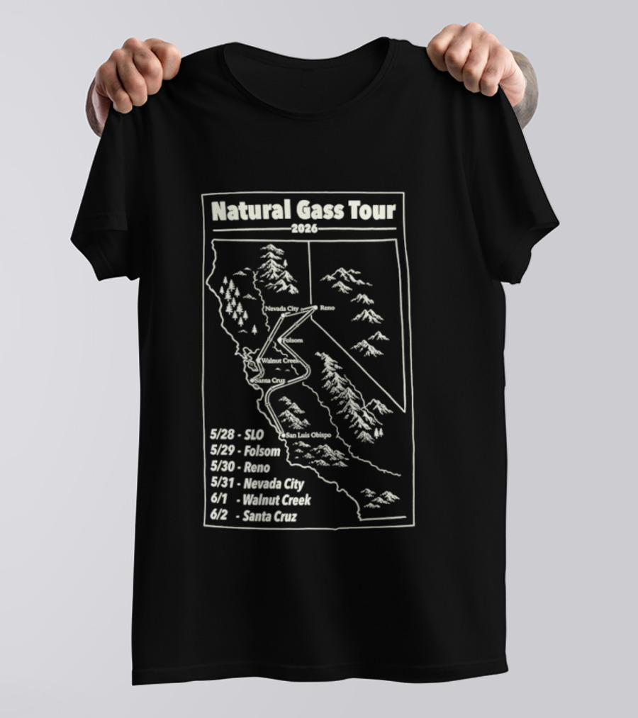 Natural Gass Tour 2026 Route Map SLO Folsom Reno Nevada City Walnut Creek Santa Cruz T-Shirt
