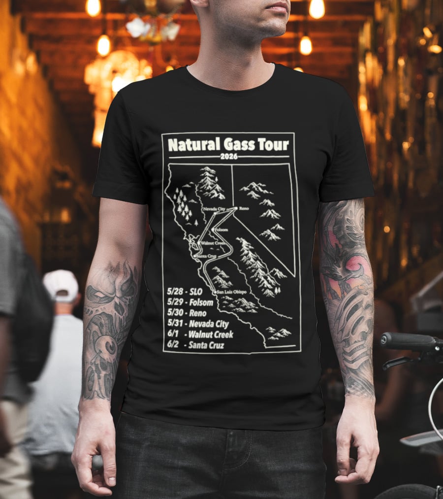 Natural Gass Tour 2026 Route Map SLO Folsom Reno Nevada City Walnut Creek Santa Cruz T-Shirt