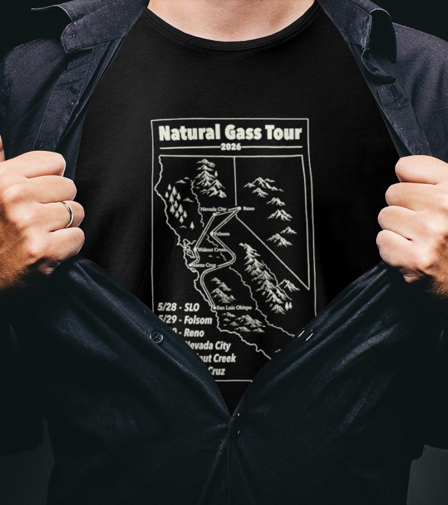 Natural Gass Tour 2026 Route Map SLO Folsom Reno Nevada City Walnut Creek Santa Cruz T-Shirt