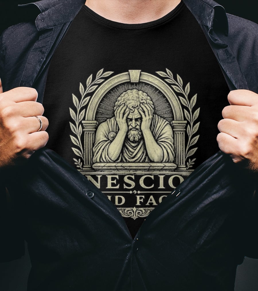 Nescio Quid Facio Distressed Emblem Design With Wreath And Contemplative Figure T-Shirt