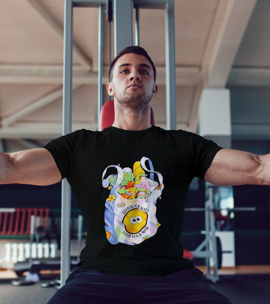 Feed Your Soul Feed Your Mind Bag With Groceries And Cartoon Face T-Shirt