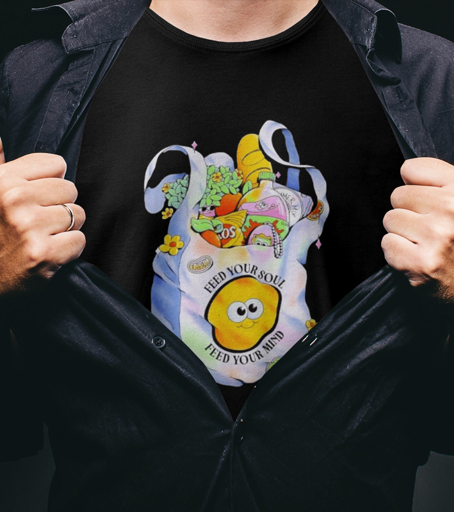 Feed Your Soul Feed Your Mind Bag With Groceries And Cartoon Face T-Shirt