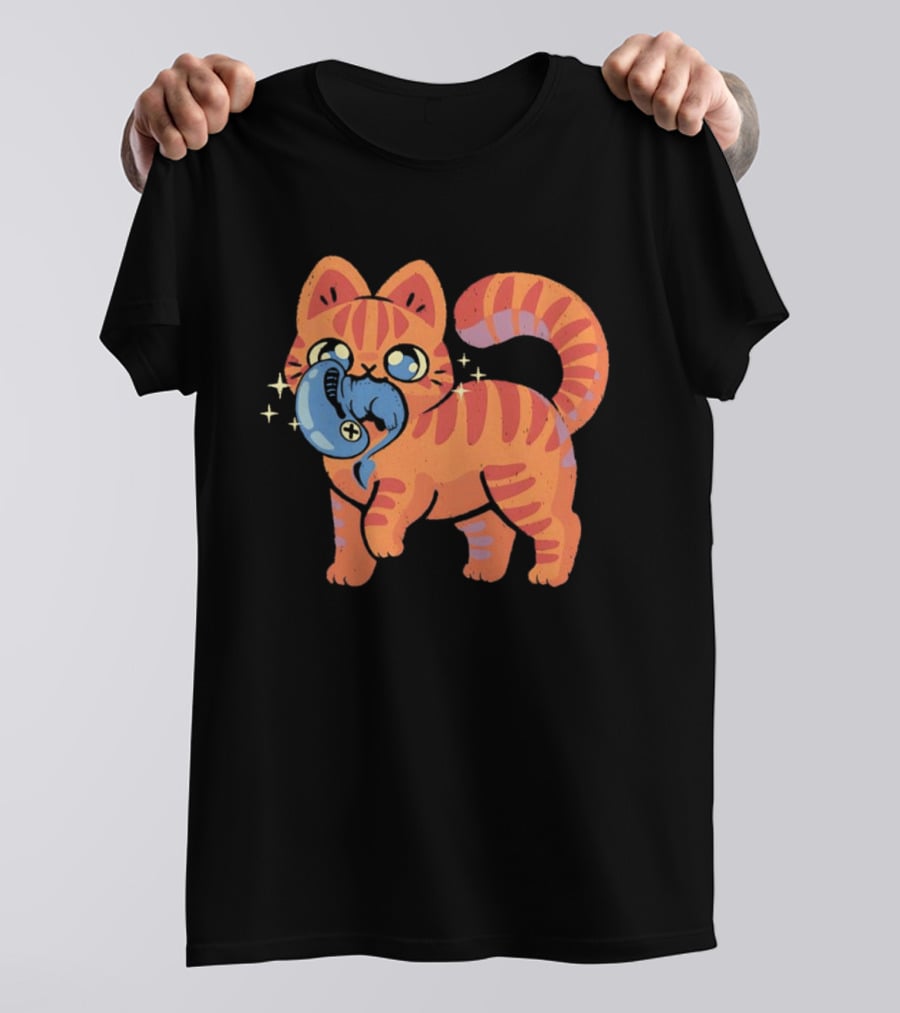 Orange Tabby Cat With Sparkles And Blue Alien Creature T-Shirt