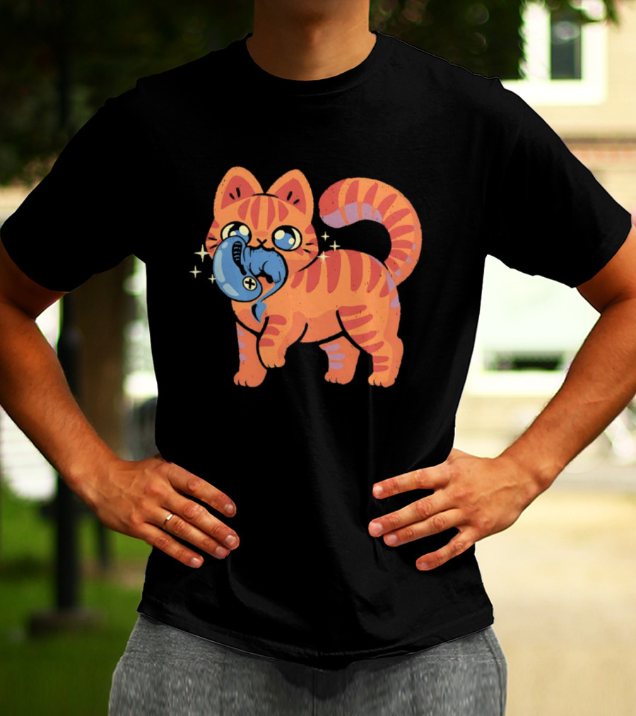 Orange Tabby Cat With Sparkles And Blue Alien Creature T-Shirt