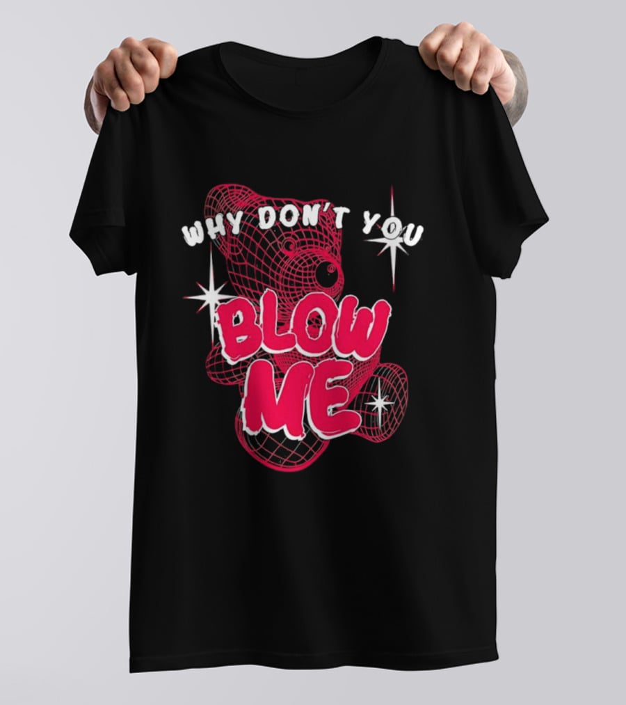 Why Don't You Blow Me Pink Wireframe Teddy Bear Bold Red Text Sparkling Star Accents T-Shirt